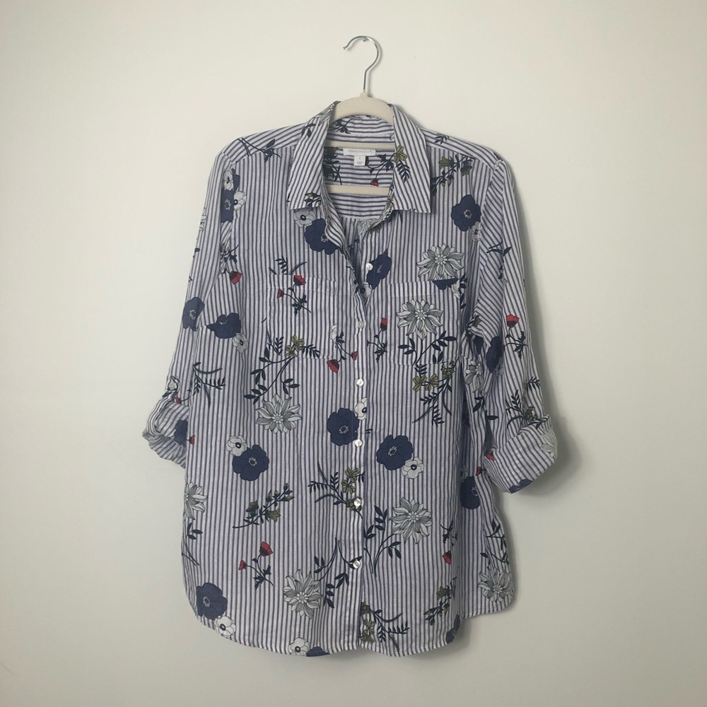 Charter Club Linen Print Floral Roll-Tab Sleeves Blue Shirt Size L